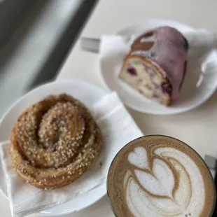 Oat milk mocha, everything pinwheel, lemon raspberry coffee cake