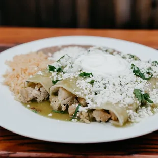 Never skip on a Classic! Green Enchilada Plate: 3 spicy green enchiladas w/meat choice, beans, rice.