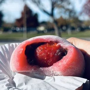 Strawberry mochi -- the cutest cross section.