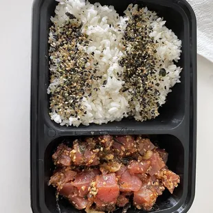 Tuna poke shoyu with rice and furikake