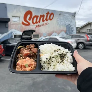 Half spicy and half shoyu poke with white rice and furikake