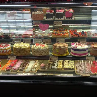 Bakery was full of valentine  goodies.