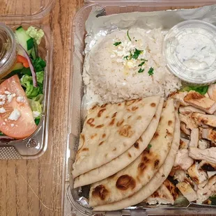 Greek Salad and Chicken Gyro with rice and tzatziki