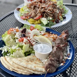 Gyro salad, Lamb Souvlaki plate