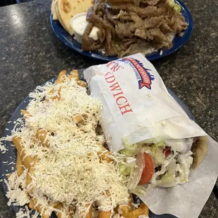 Lamb &amp; Beef Gyro with a side of greek fries. Yum!