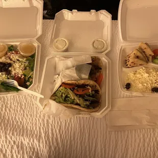 Large Greek Salad, Lamb Gyro (Greek) Sandwich, Greek Feta Platter (Greek) Appetizer