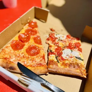 Pepperoni pizza slice and a Grandma slice!