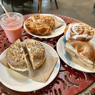 Lox of love, mama teresa, confession, cinnamon roll and strawberry smoothie