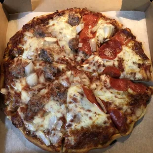 Pepperoni , Sausage, Onions and Extra Sauce! YUM