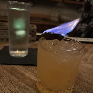 a glass of lemonade and a glass of water