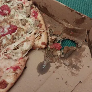 a half eaten pizza in a box