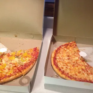 A small with hot and sweet peppers, onions, and mushrooms...a medium with extra cheese