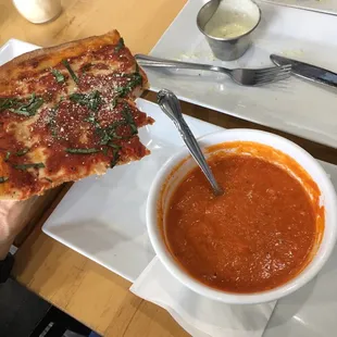 Personal cheese pizza with basil and tomato bisque soup. Very good! Forgot to take a photo of the Caesar salad :) it was very good!