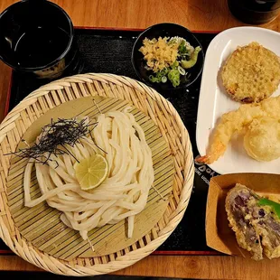 Zaru Udon, Eggplant/Japanese Yam/Shrimp tempura, soft boiled egg