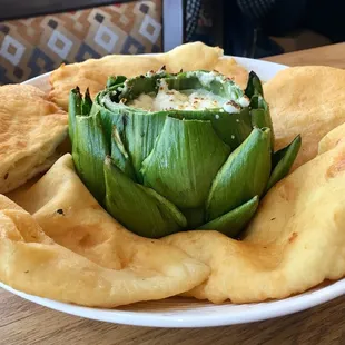 Artichoke dip with fry bread