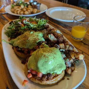 Chorizo Benedict and cheese curds