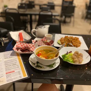 a table of food and drinks