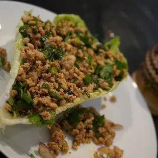 a plate of lettuce topped with meat