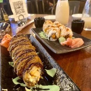 Panko Crusted Salmon Roll and Spicy Tuna Roll.