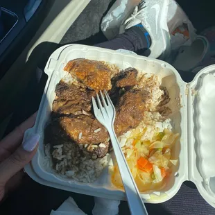 Jerk Chicken Plate w/White Rice and Cabbage