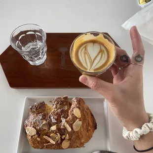 oatmilk cortado and almond croissant