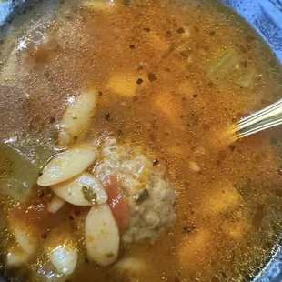 Up close on that Great Meatball Pasta Soup!