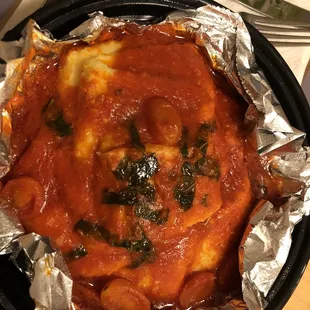 Pomodoro Polenta. Look how big the portion is in the container compared to the fork &amp; knife.