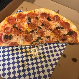 Pepperoni, mushroom and onion pizza half view