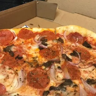 Pepperoni, mushroom and onion pizza