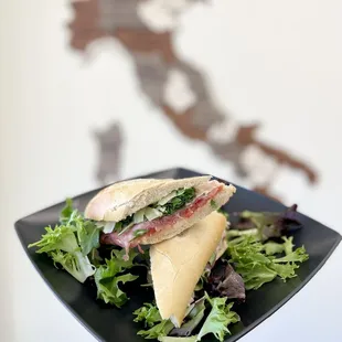 a person holding a plate with a sandwich on it