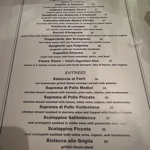 Pasta &amp; entree menu