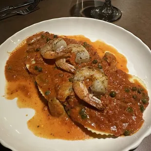 Three-cheese ravioli Added shrimp