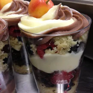 Mixed Berry Parfaits--chocolate and vanilla pudding, layered with pound cake and fresh mixed berries