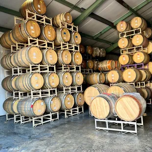 barrels stacked on a rack