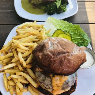 the sapphire burger with fries and the culotte steak