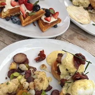 Pork Belly Benedict, Berry Cream Fraiche Waffles, &amp; Biscuits &amp; Gravy