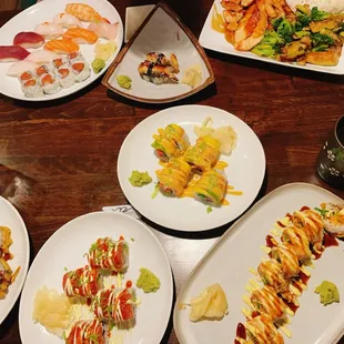 a variety of sushi dishes