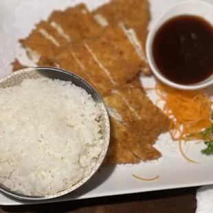 a plate of rice and a bowl of sauce