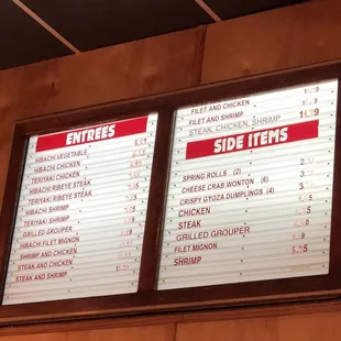 the menu and prices