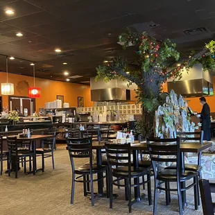 Inside of restaurant featuring the waterfall and hibachi in the back.