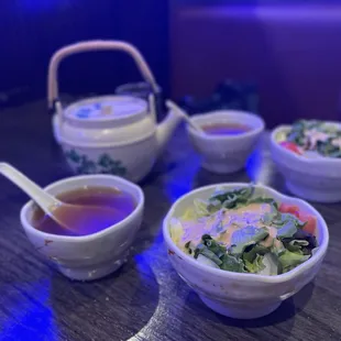 Japanese miso soup &amp; salad with a lot of hot tea.
