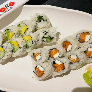 Philadelphia roll and avocado cucumber roll