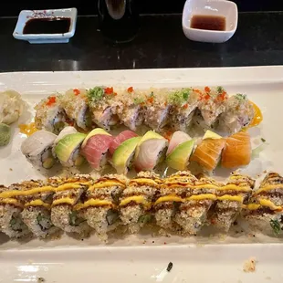 From top to bottom: Out of control roll, Rainbow roll, Scorpion Roll.