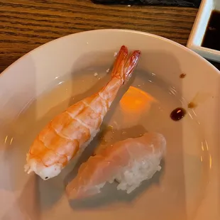 The shrimp is twice the size of the yellowtail