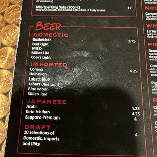 the menu of the restaurant