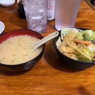 Miso Soup and Salad that came with the Donburi