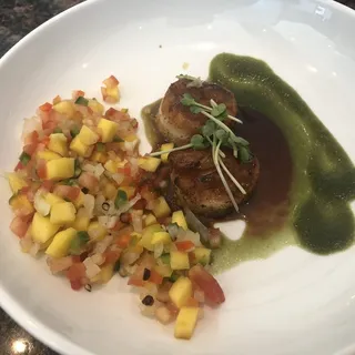 Grilled Scallop with Mango Salsa Cucumber Pure