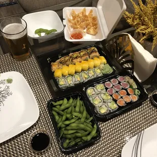 Summer Roll (mango on top), Crunch Roll, and trio-Combo Roll.