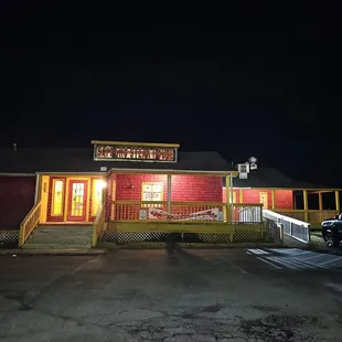 a red building at night