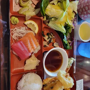 Bento lunch with Sashimi and Tempura $15.99